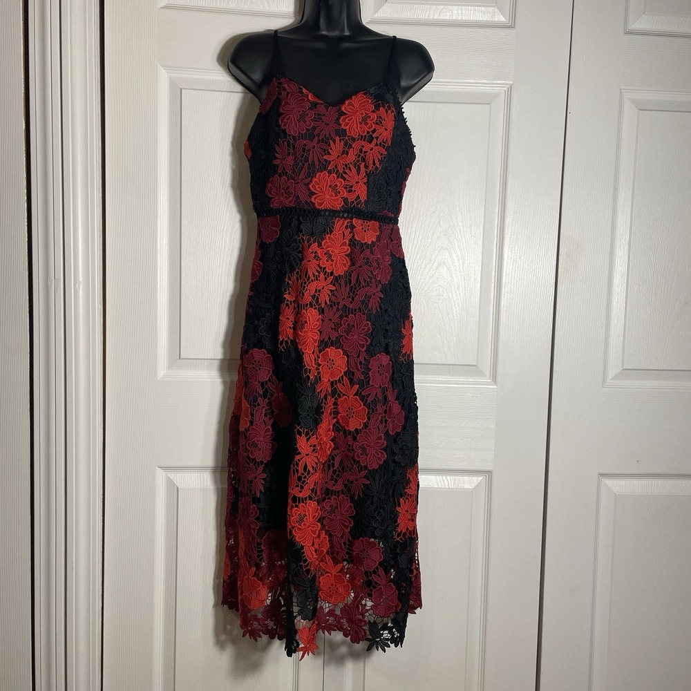 bebe Crochet Lace Overlay Dress Women 4 Red Black Sleeveless Whimsigoth Midi‎